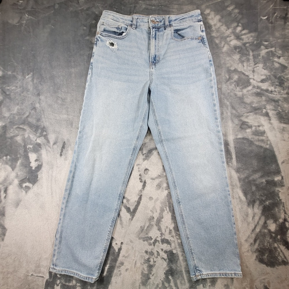 American Eagle Mom Jeans Light Wash Distressed‎ High Rise Stretch Denim 8 Short